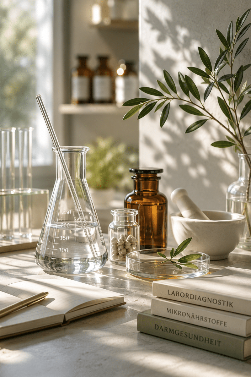 Editorial-Aufnahme einer modernen Apotheke mit Labor- und Diagnostikbezug